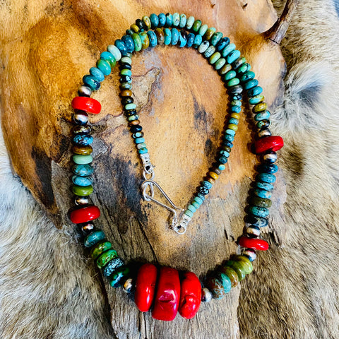 Ombré Turquoise & Coral Beaded Necklace