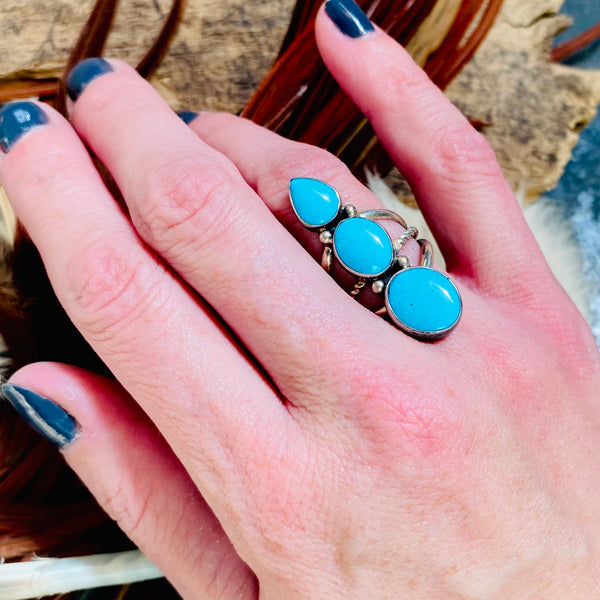 Triple Stone Egyptian Turquoise Ring, Navajo.