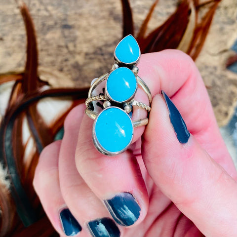Triple Stone Egyptian Turquoise Ring, Navajo.
