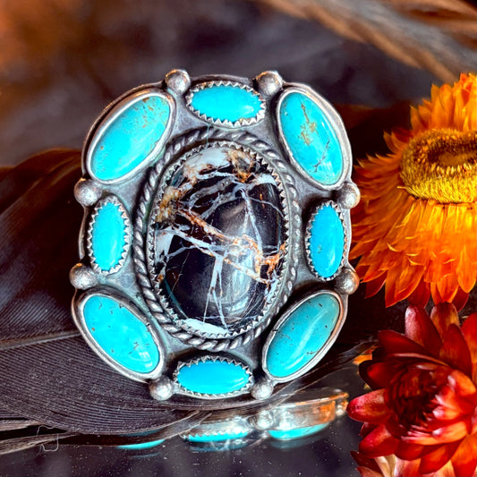 White Buffalo & Turquoise Cluster Ring // Size 7.5