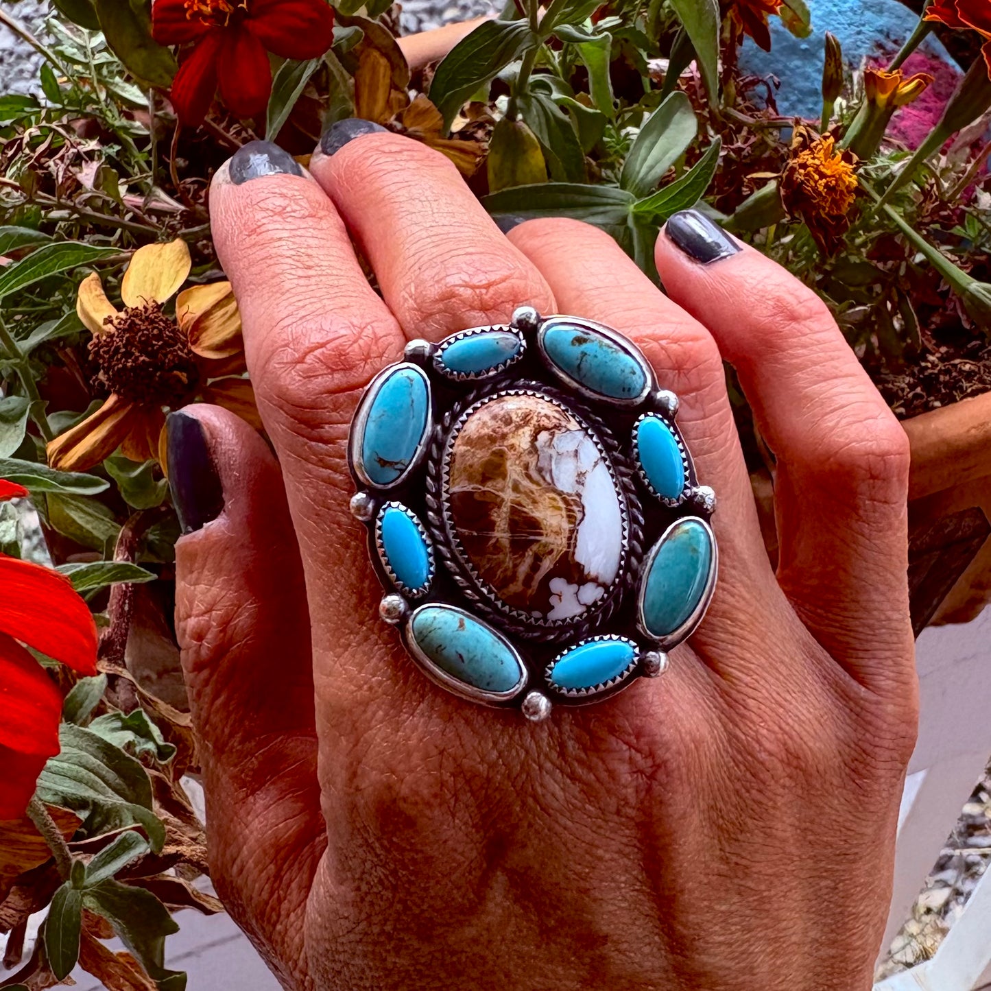 Wild Horse & Turquoise Cluster Ring // Size 8