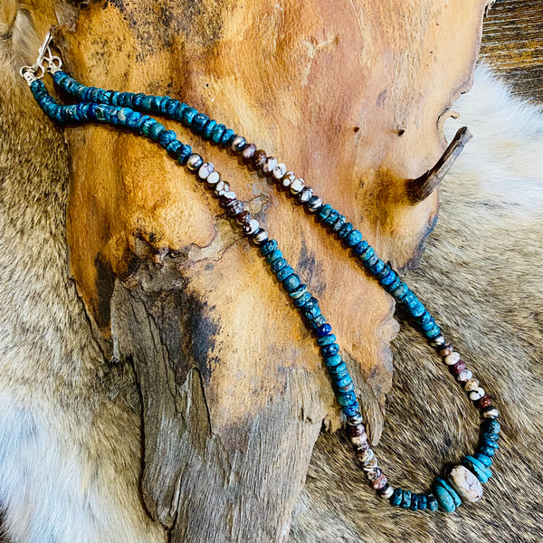 Turquoise, Chrysocolla, Wildhorse & Sterling Silver Pearl Beaded Necklace