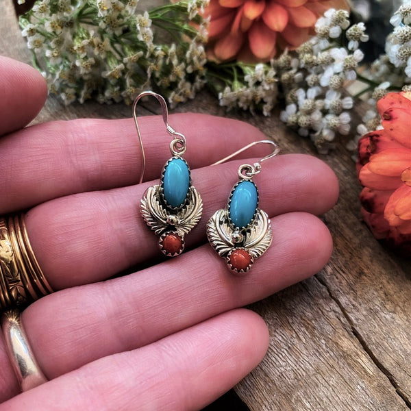 Coral and Turquoise Botanical Earrings, Navajo