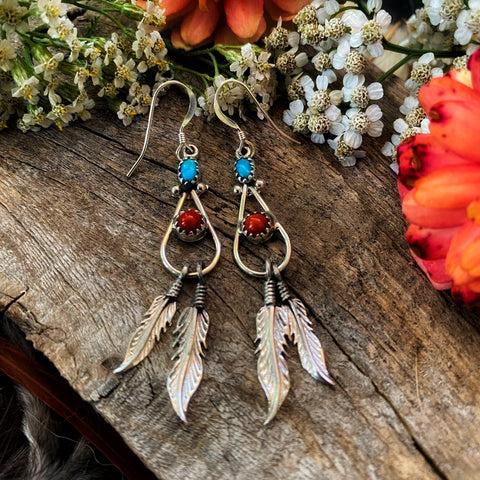 Coral and Turquoise Double Feather Earrings, Navajo