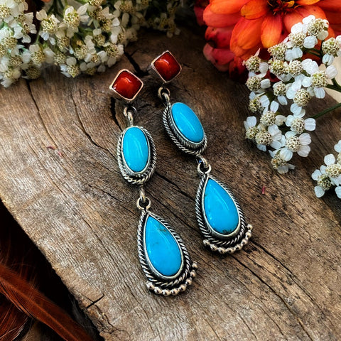 Triple Stone Coral and Turquoise Earrings, Navajo