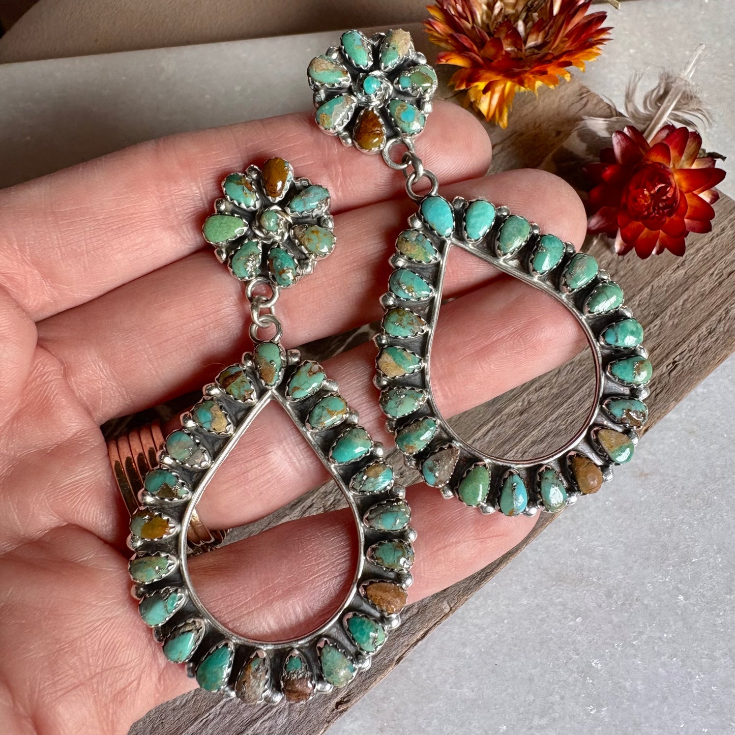 Turquoise Cluster Hoop Earrings // Mathilda Benally // Navajo