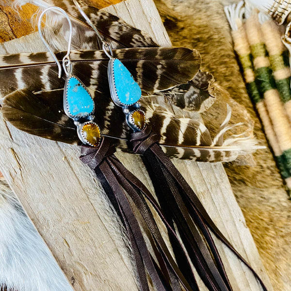Kingman Turquoise & Baltic Amber Fringe Earrings