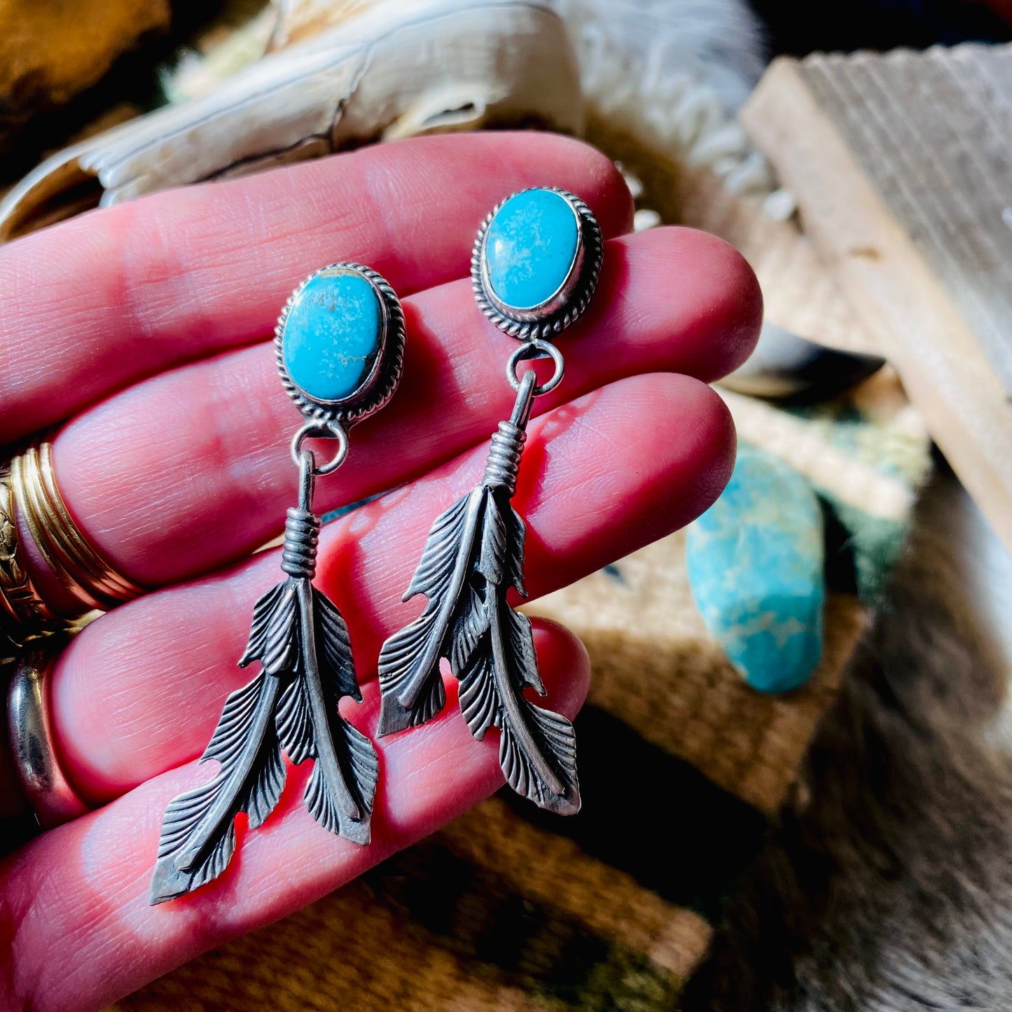 Sharon McCarthy Double Turquoise Feather Earrings
