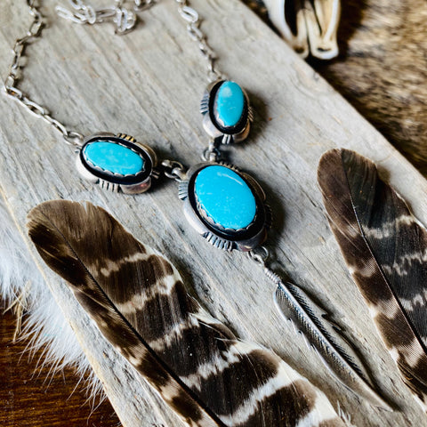 Triple Turquoise & Feather Necklace by L.M. Nez