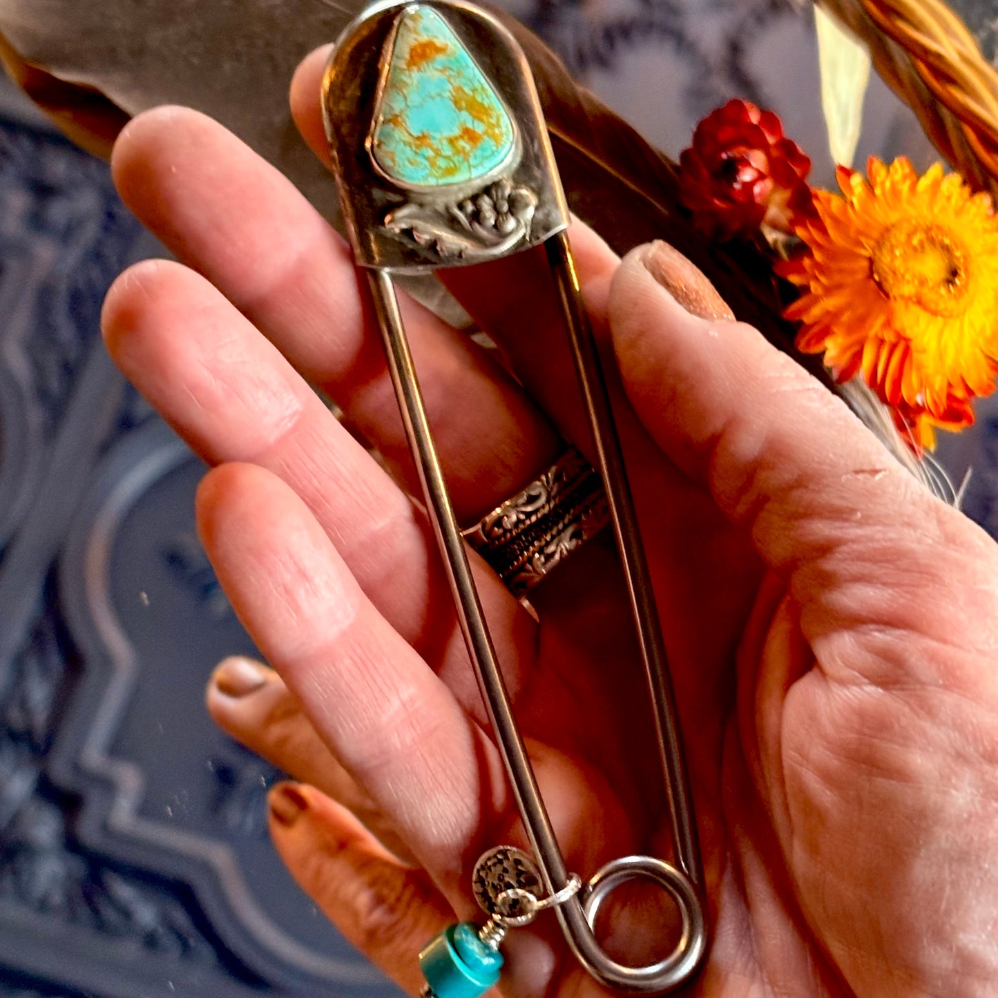 Giant Safety Pin with Turquoise