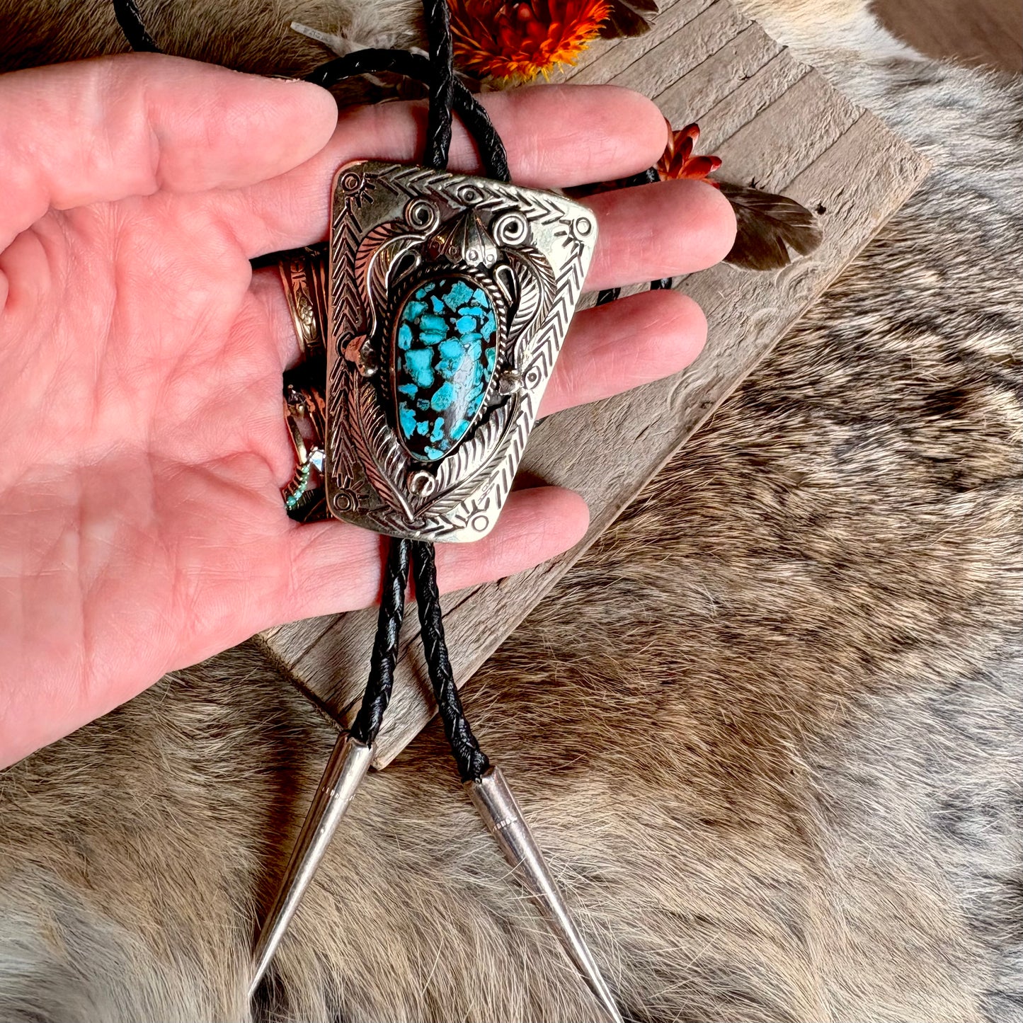 Vintage Blue Spiderweb Turquoise Nickel Silver Bolo / Navajo