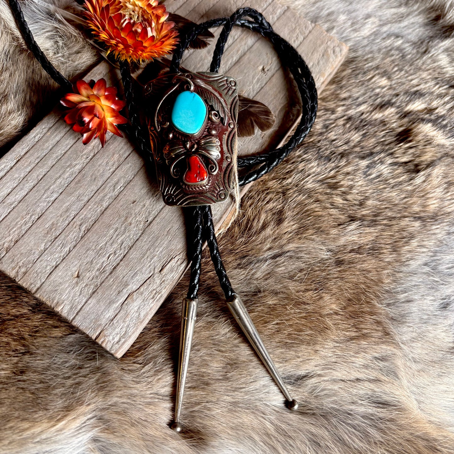 Vintage Turquoise & Coral Nickel Silver Bolo