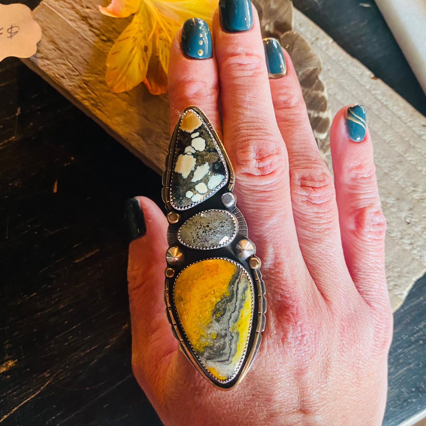 Statement Ring in Bumble Bee Jasper, Tirquouse & Black Sunstone  // Size 6.5