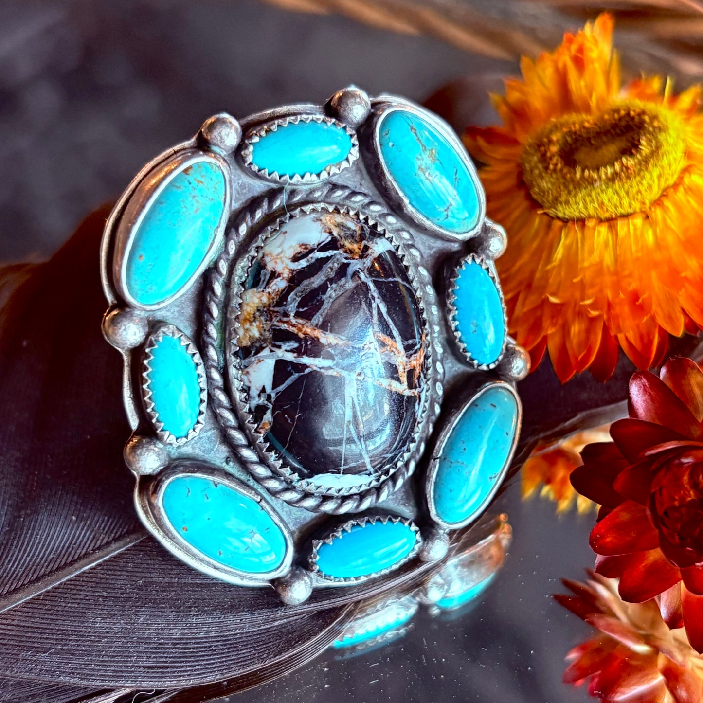 White Buffalo & Turquoise Cluster Ring // Size 7.5