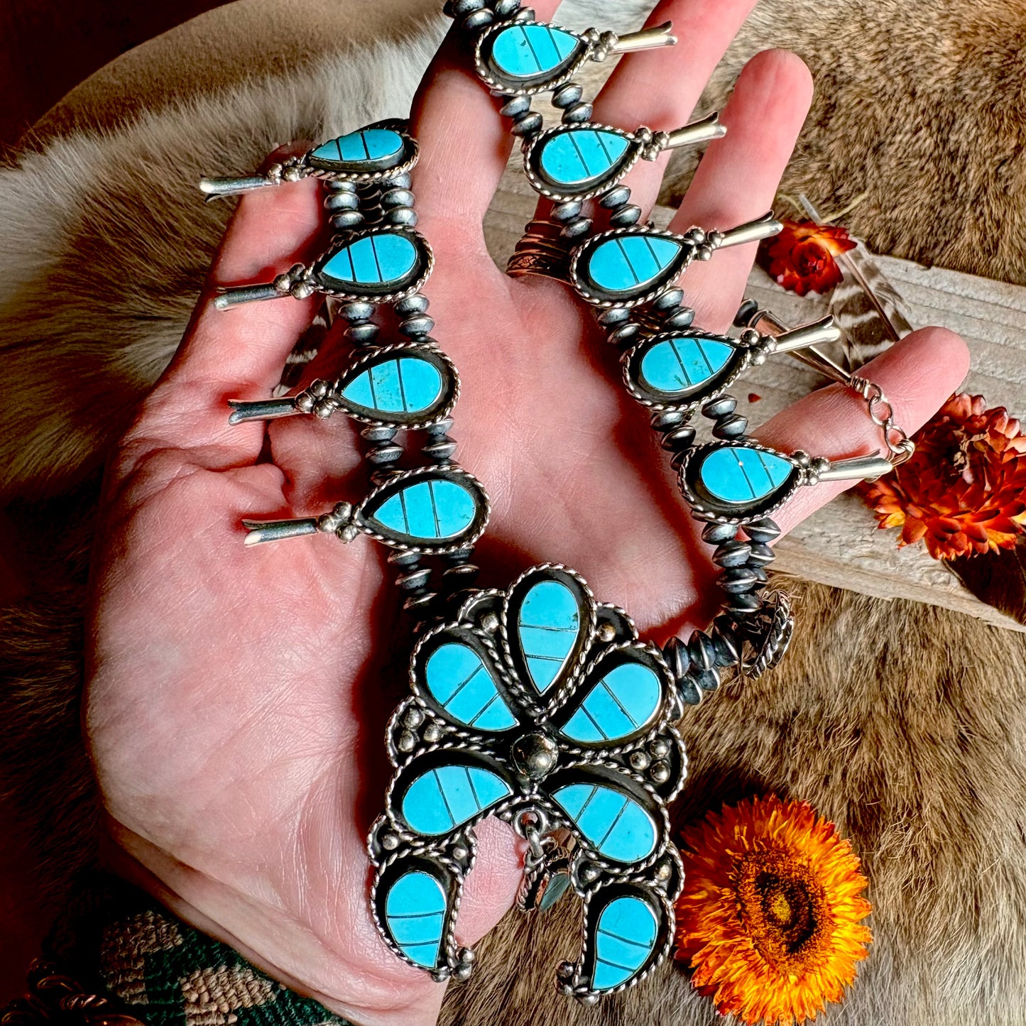 Faye Lowsayate Turquoise Inlay Squash Blossom // Zuni