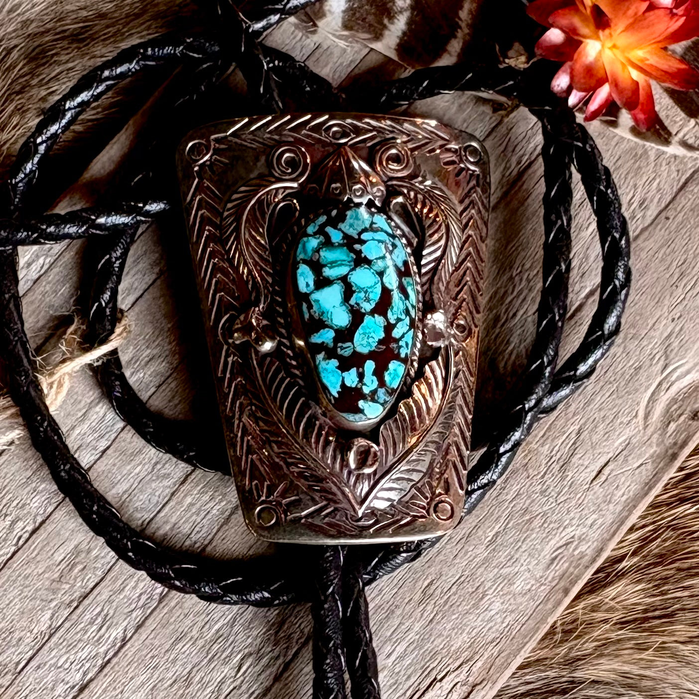 Vintage Blue Spiderweb Turquoise Nickel Silver Bolo / Navajo
