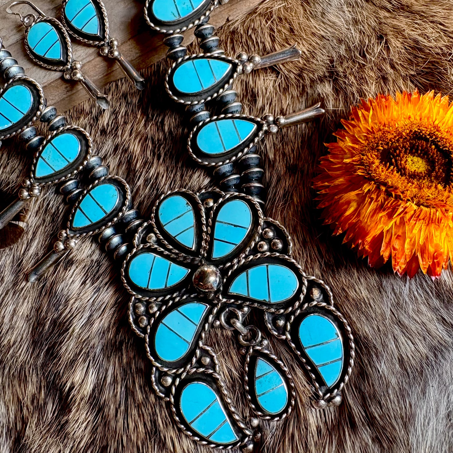 Faye Lowsayate Turquoise Inlay Squash Blossom // Zuni