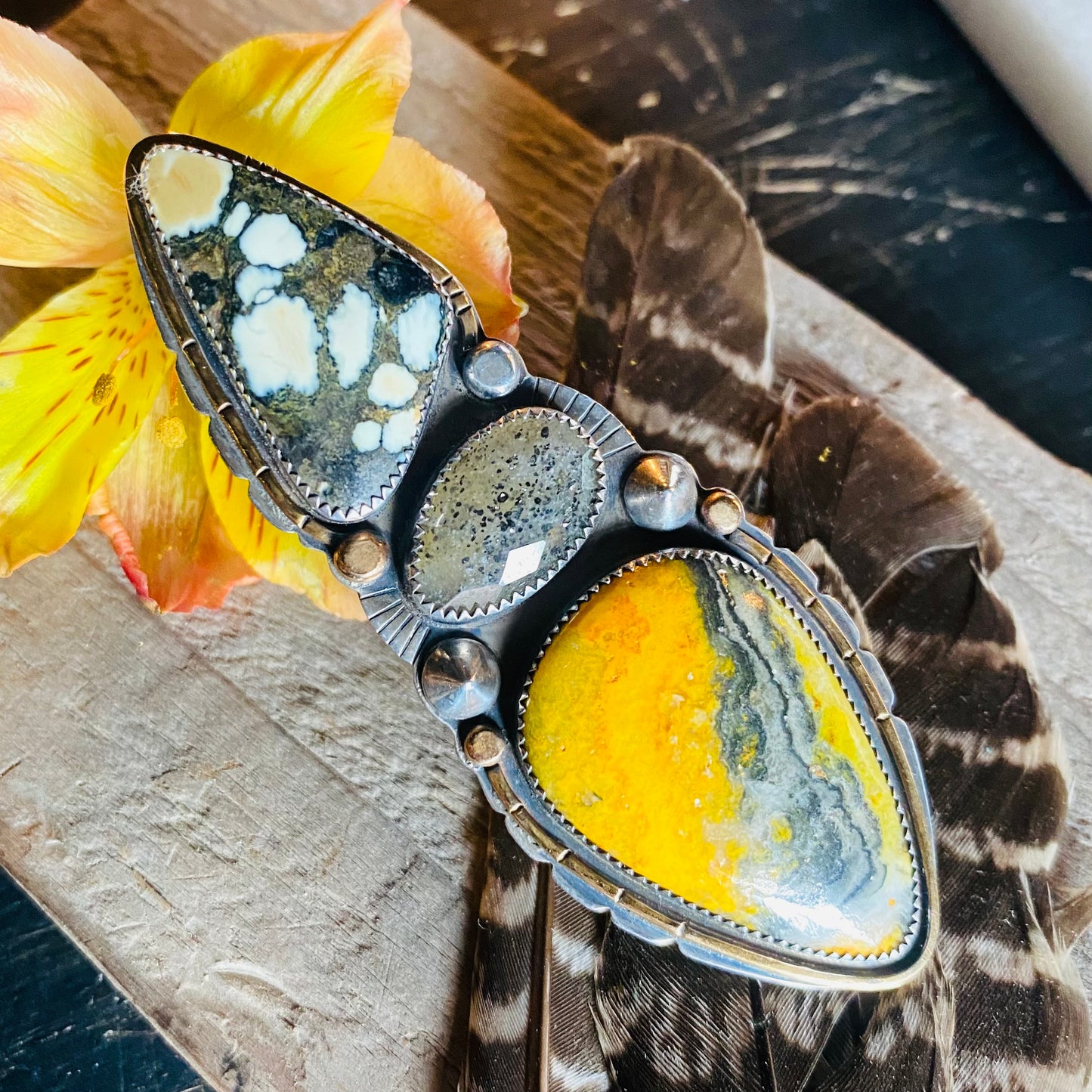 Statement Ring in Bumble Bee Jasper, Tirquouse & Black Sunstone  // Size 6.5