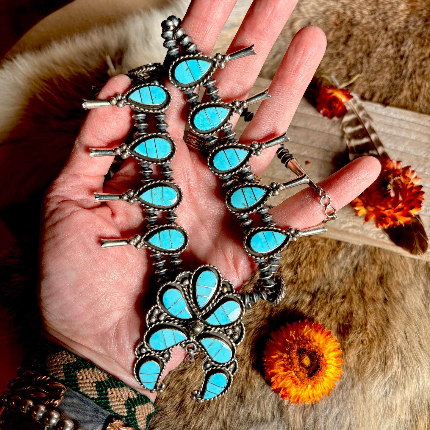 Faye Lowsayate Turquoise Inlay Squash Blossom // Zuni