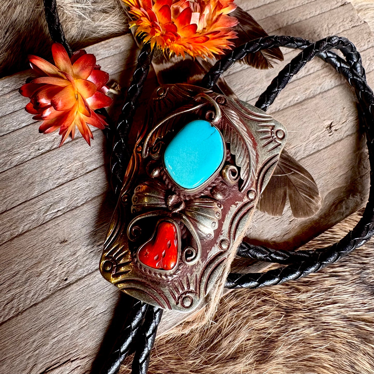 Vintage Turquoise & Coral Nickel Silver Bolo