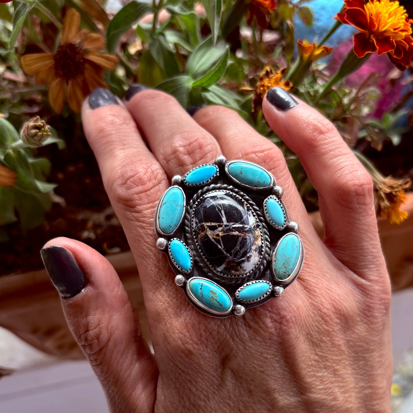 White Buffalo & Turquoise Cluster Ring // Size 7.5