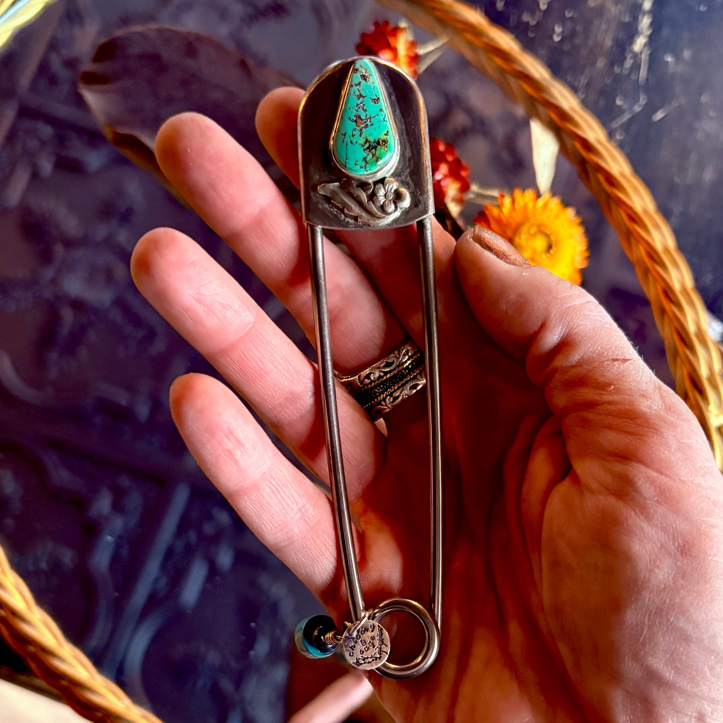 Giant Safety Pin with Turquoise