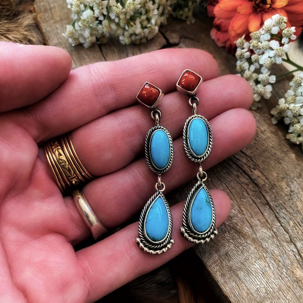 Triple Stone Coral and Turquoise Earrings, Navajo