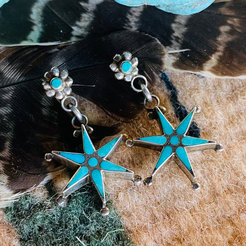 Vintage Dishta Style Turquoise Inlay Star Earrings.