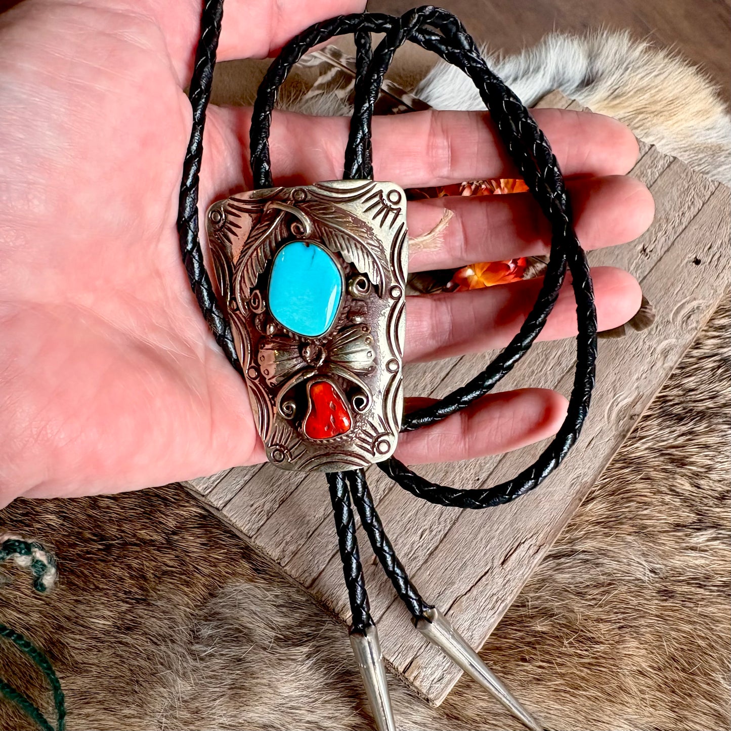 Vintage Turquoise & Coral Nickel Silver Bolo