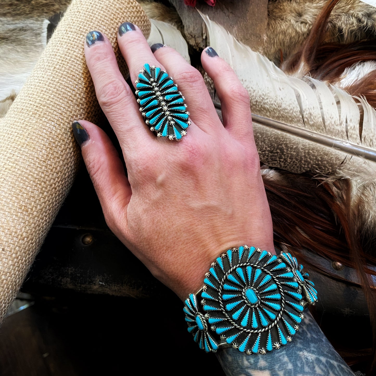 Carlos Tsipa Needlepoint Cuff and Ring Set, Zuni