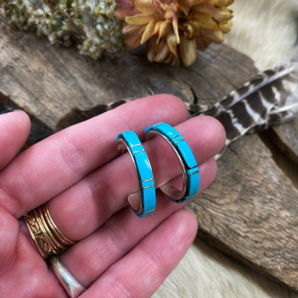 Turquoise Inlay Hoop Earrings, Zuni