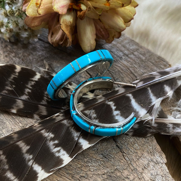 Turquoise Inlay Hoop Earrings, Zuni