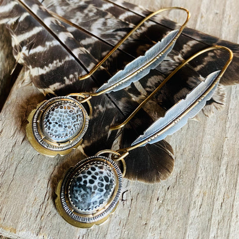 Mixed Metal & Fossilized Coral Feather Earrings