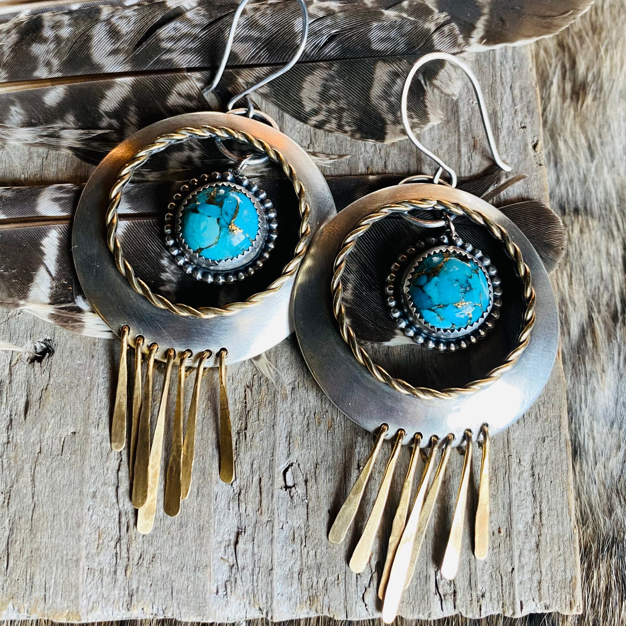 Domed Hoop & Mojave Turquoise Drop Fringe Earrings