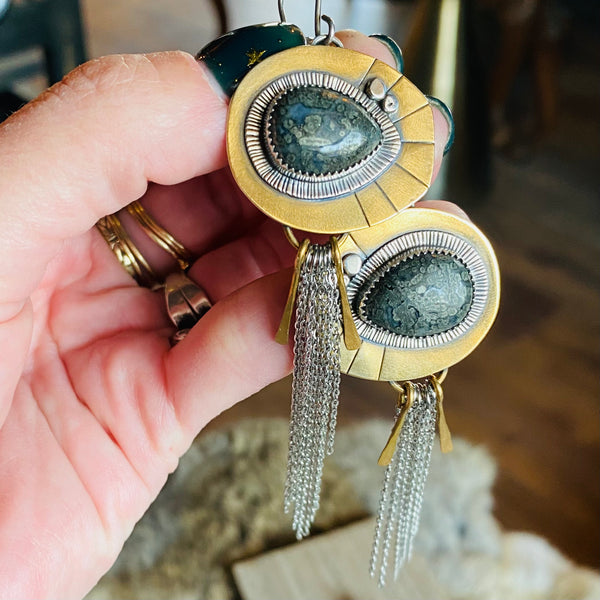 Mixed Metal & Fossilized Coral Fringe Earrings