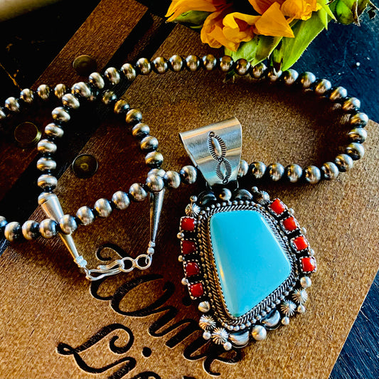 Turquoise and Coral Pendant // By Navajo Silversmith Tom Lewis