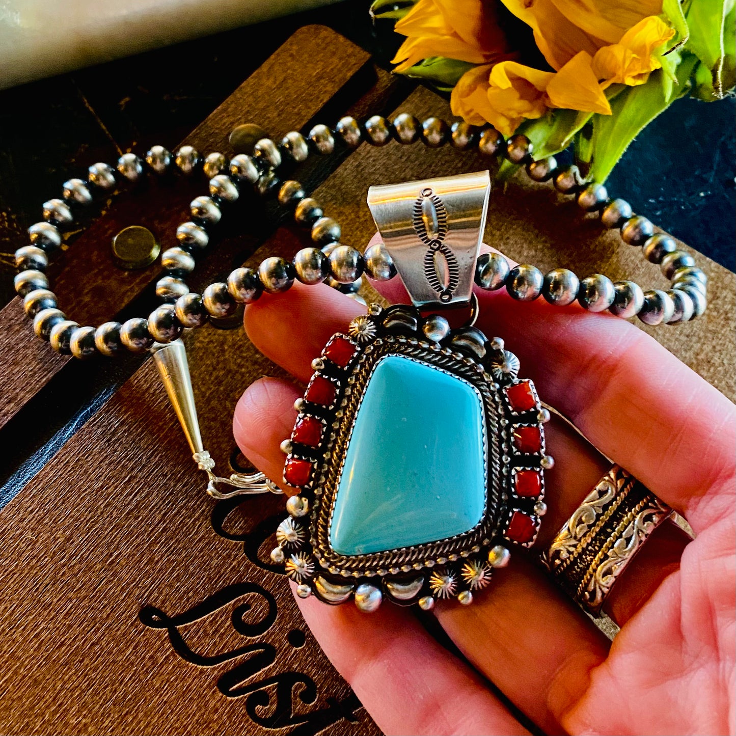 Turquoise and Coral Pendant // By Navajo Silversmith Tom Lewis