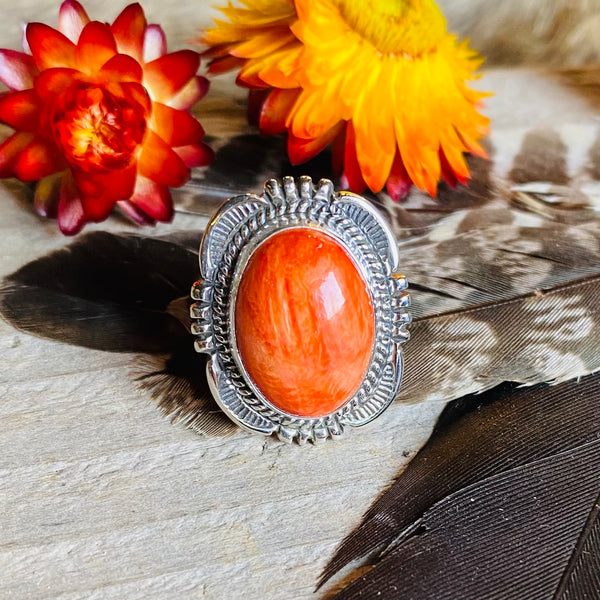 Wilburt Denetdale Orange Spiny Oyster Ring // Size 7.5 // Navajo