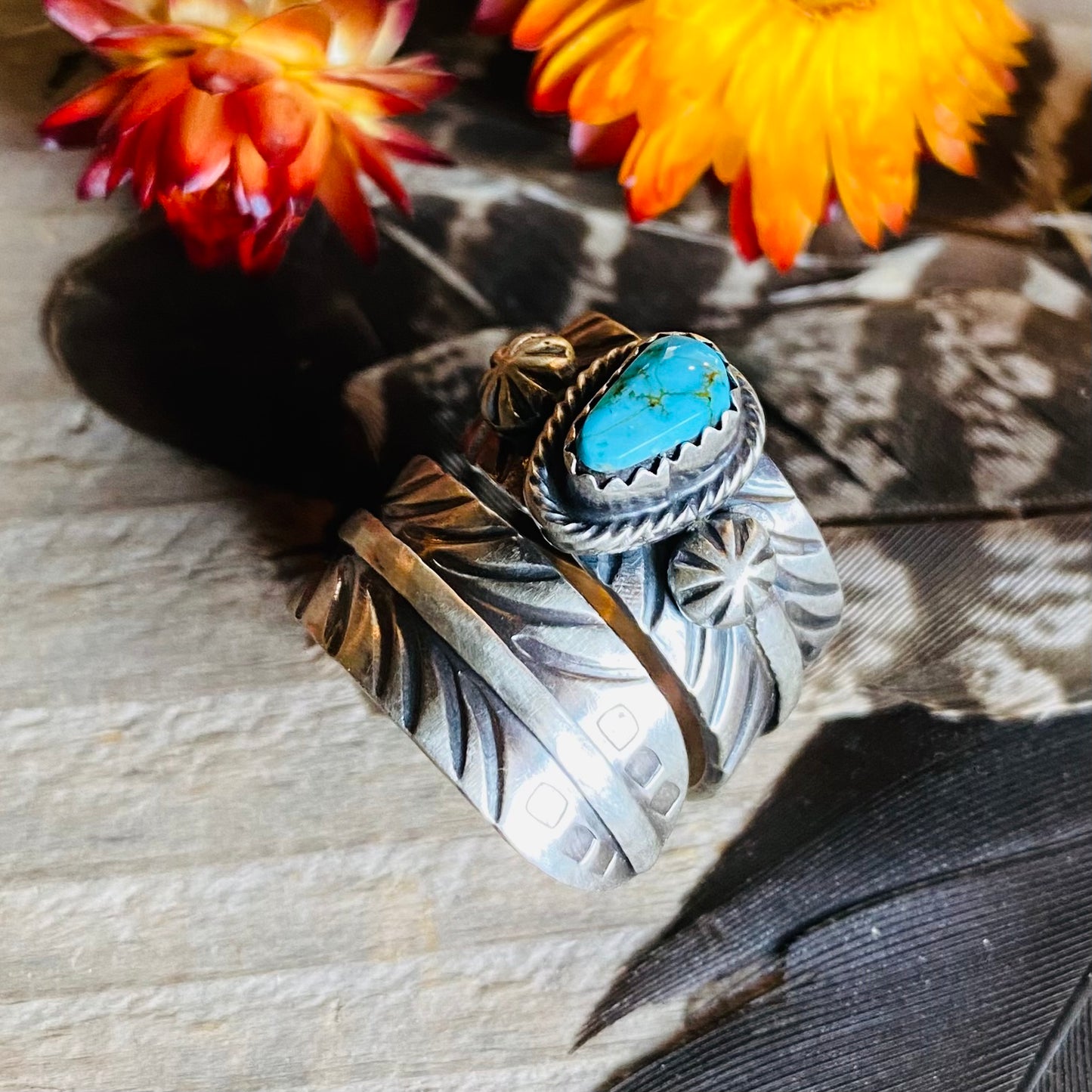 John C. Yazzi Turquoise Feather Wrap Ring // Size 9 // Navajo