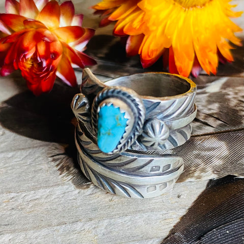 John C. Yazzi Turquoise Feather Wrap Ring // Size 9 // Navajo