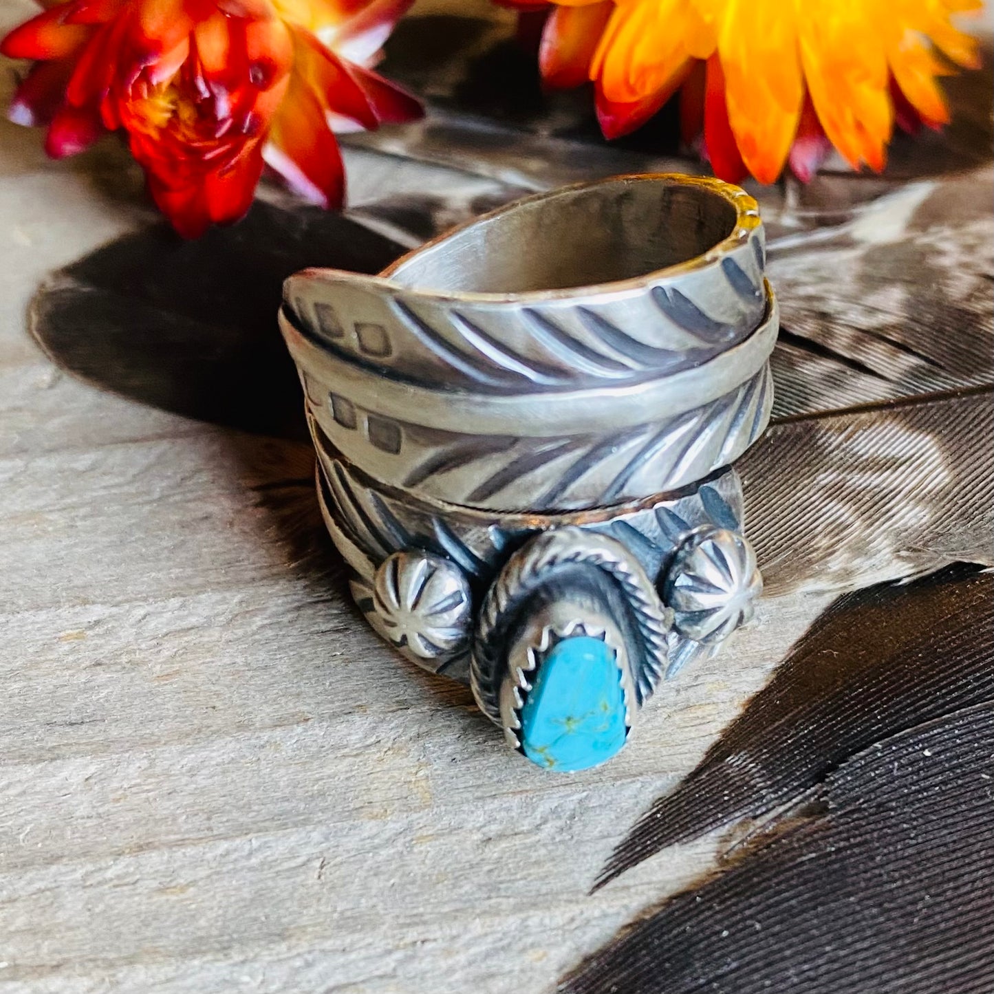 John C. Yazzi Turquoise Feather Wrap Ring // Size 9 // Navajo