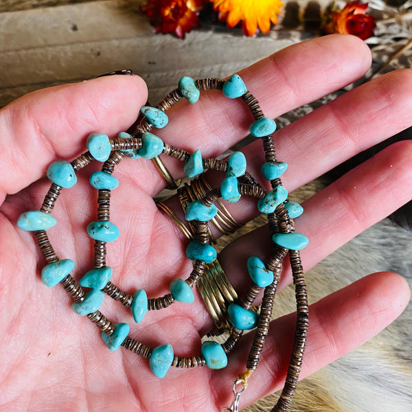 18" Handmade Navajo Turquoise and Heishi Beaded Necklace.